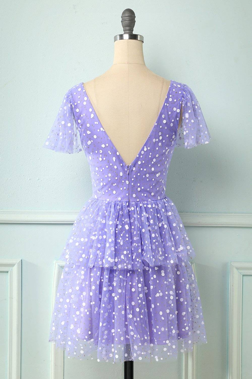 Lilac A-line V Neck Multi-Layers Mini Homecoming Dress with Dot