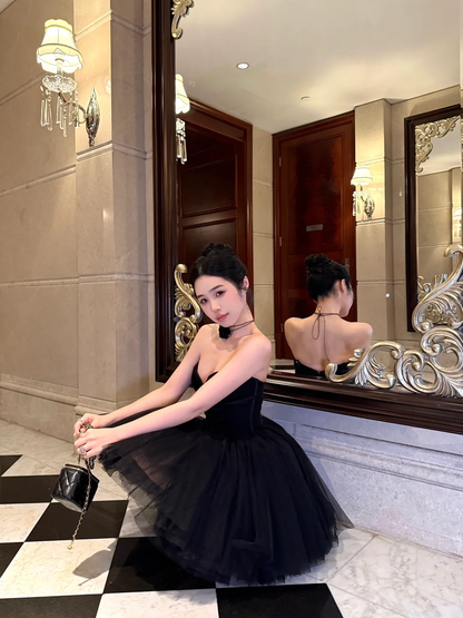 Simple Black A Line Sweetheart Neck Tulle Short Birthday Dress Homecoming Dress SH3402