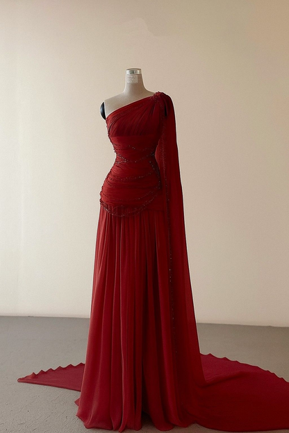 Classy A Line One Shoulder Pink Chiffon Evening Gown Prom Dresses SD1435