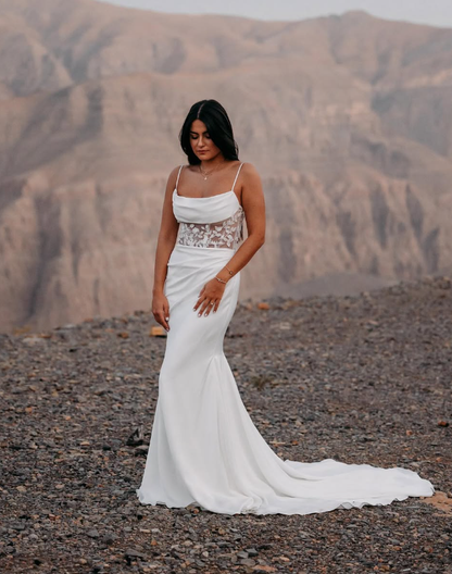Simple Mermaid Spaghetti Strap Corset Appliques White Satin Long Wedding Dress SH2004
