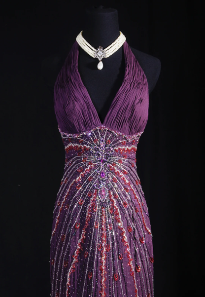 Purple Vintage V Neck Halter Satin Beaded Mermaid Long Party Dress Backless Evening Gown D2237