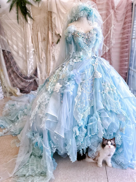 Exquisite Romantic Blue Floral A Line Beaded Lace Tulle Prom Dress Party Dress SH3500
