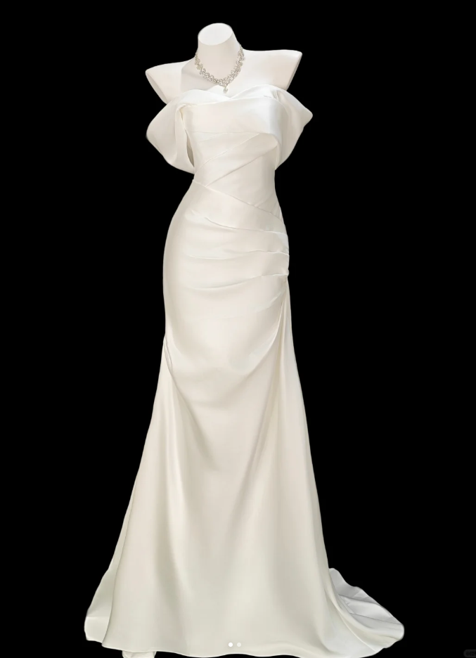 Classy White Satin Pleated Mermaid Long Evening Dress Birthday Party Dress D2353