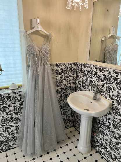 Grey A Line Spaghetti Strap Beaded Corset Tulle Prom Dress Evening Dress SH3860