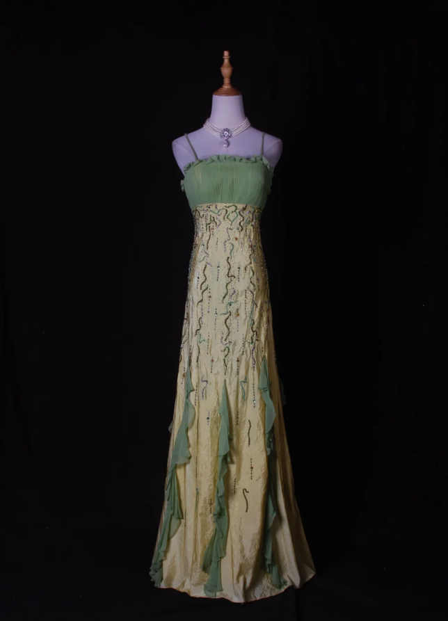 Chic Spaghetti Straps Yellow-green Satin Beaded Mermaid Long Party Dress Birthday Evening Gown With Ruffles D2267