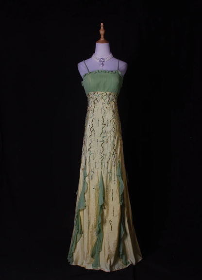 Chic Spaghetti Straps Yellow-green Satin Beaded Mermaid Long Party Dress Birthday Evening Gown With Ruffles D2267
