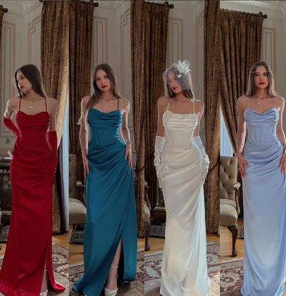 Elegant Burgundy Sheath Spaghetti Strap Satin Long Evening Dress Prom Dress SH4831