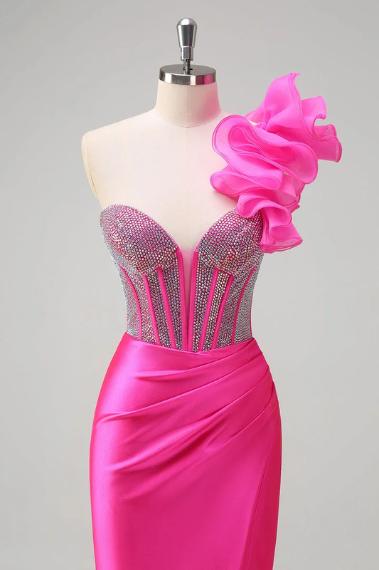 Strapless Handmade Flower Backless Mermaid Slit Prom Dress With Beading