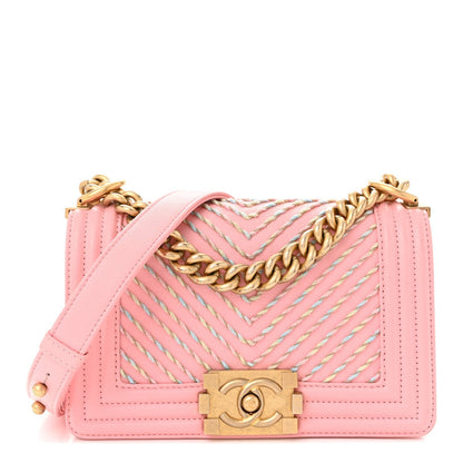 Calfskin Chevron Embroidered Small Boy By The Sea Flap Pink