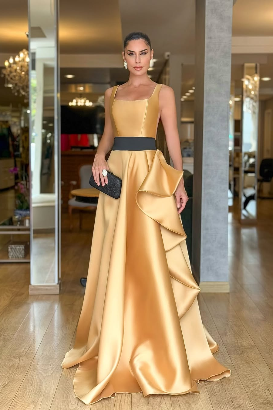 Charming Champange Satin Sleeveless Spaghtti Strap Long Prom Dress with Ruffles
