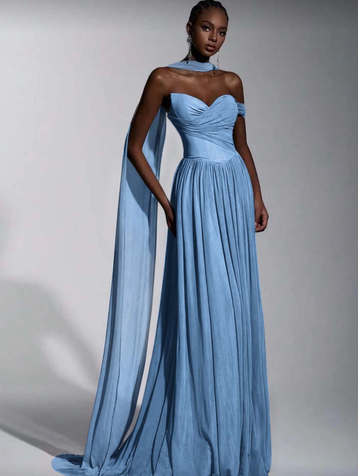 Dusty Blue One Shoulder Sweetheart Evenign Dress in Chiffon With Split