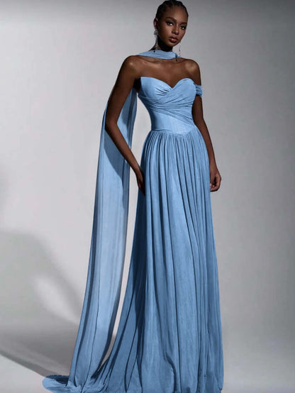 Dusty Blue One Shoulder Sweetheart Evenign Dress in Chiffon With Split