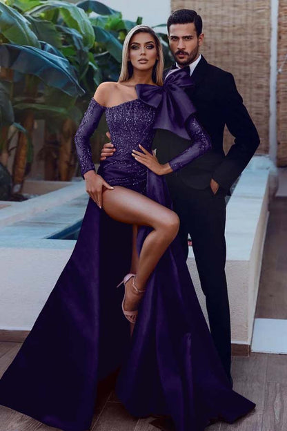 Long Sleeves Bowknot Burgundy Sequins Mermaid Prom Dress With Split