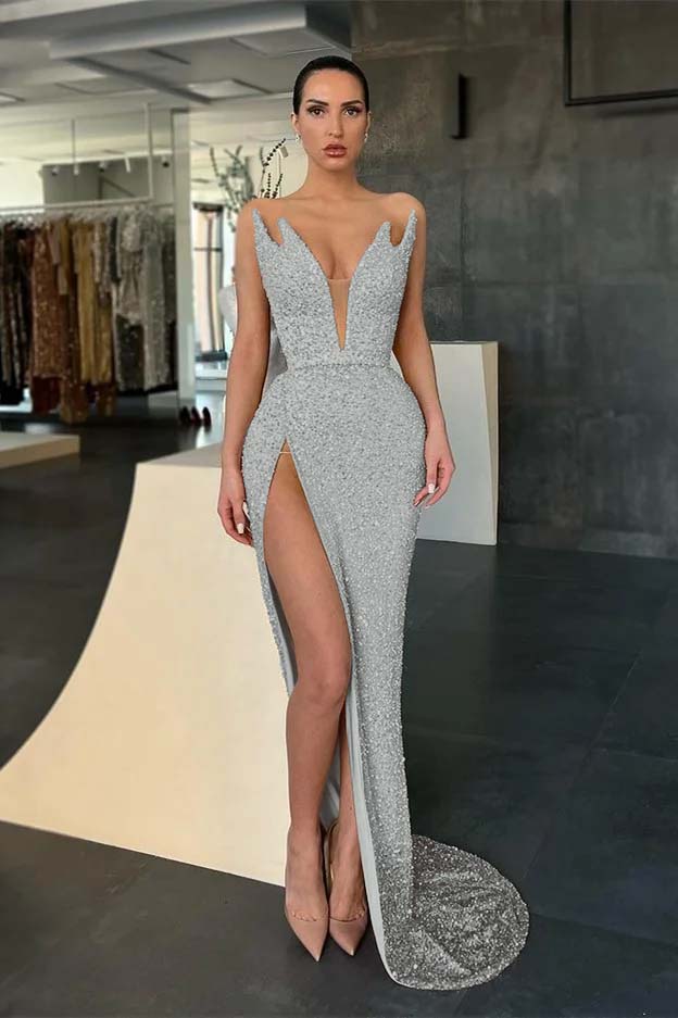 Sleeveless V-Neck Evening Dress Sequins Mermaid With Slit