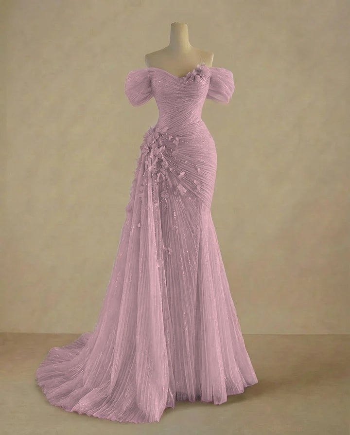 Dreamy Sky Blue Off-The-Shoulder Pleated Sequins Evening Dress With Side Train