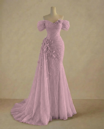 Dreamy Sky Blue Off-The-Shoulder Pleated Sequins Evening Dress With Side Train