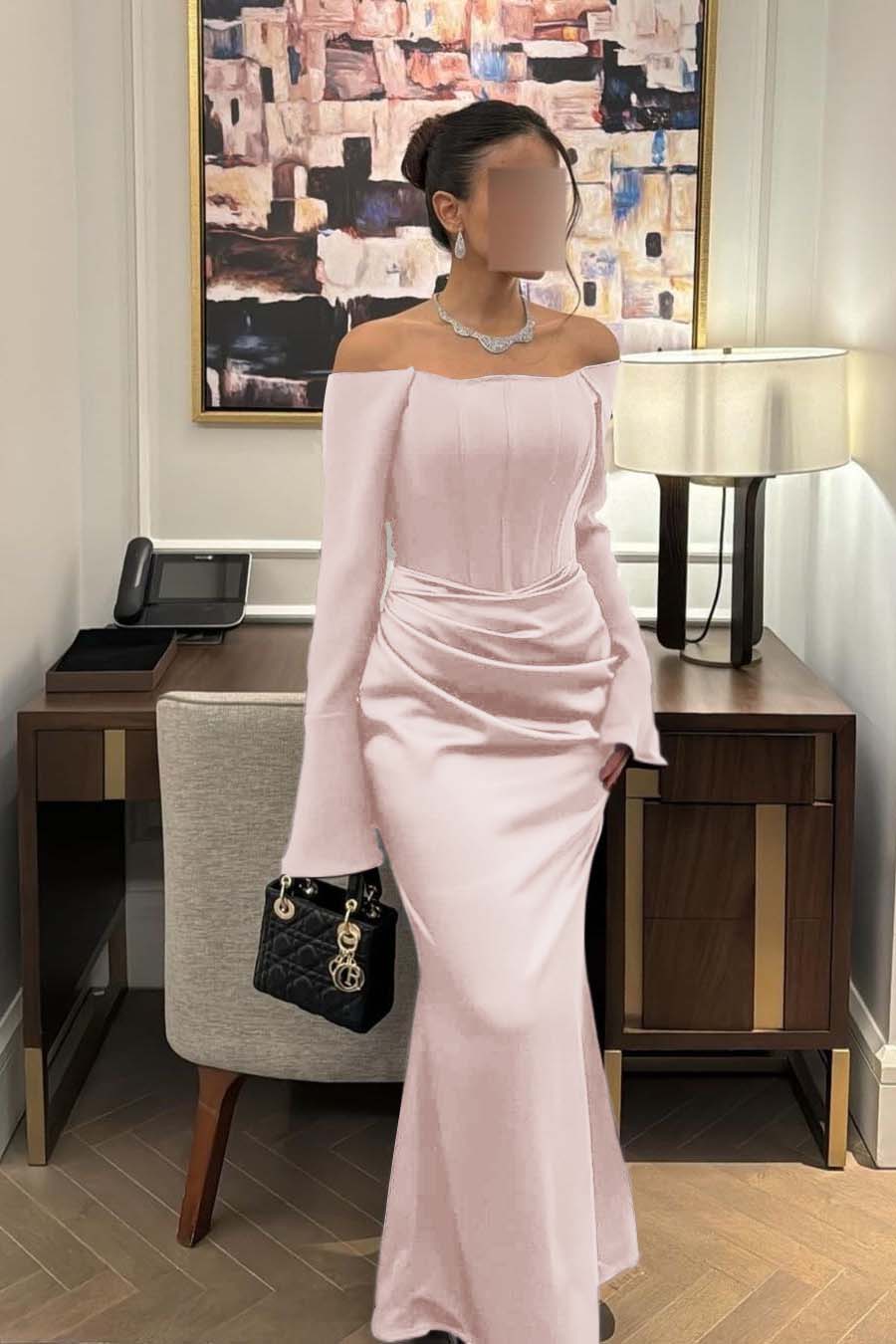 Chic Satin Regency Off the Shoulder Long Sleeves Mermaid Prom Dress with Pleated