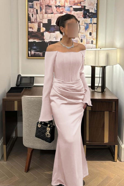 Chic Satin Regency Off the Shoulder Long Sleeves Mermaid Prom Dress with Pleated