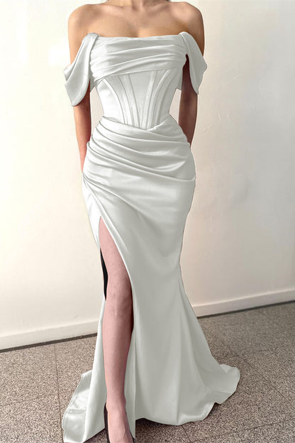 Off-The-Shoulder Dusty Rose Pleated Prom Dress Mermaid Split