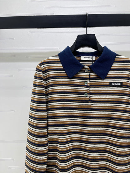 Miu Miu Striped Logo Polo Shirt beige and brown virgin wool 340970
