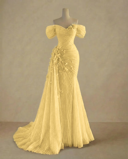 Dreamy Sky Blue Off-The-Shoulder Pleated Sequins Evening Dress With Side Train