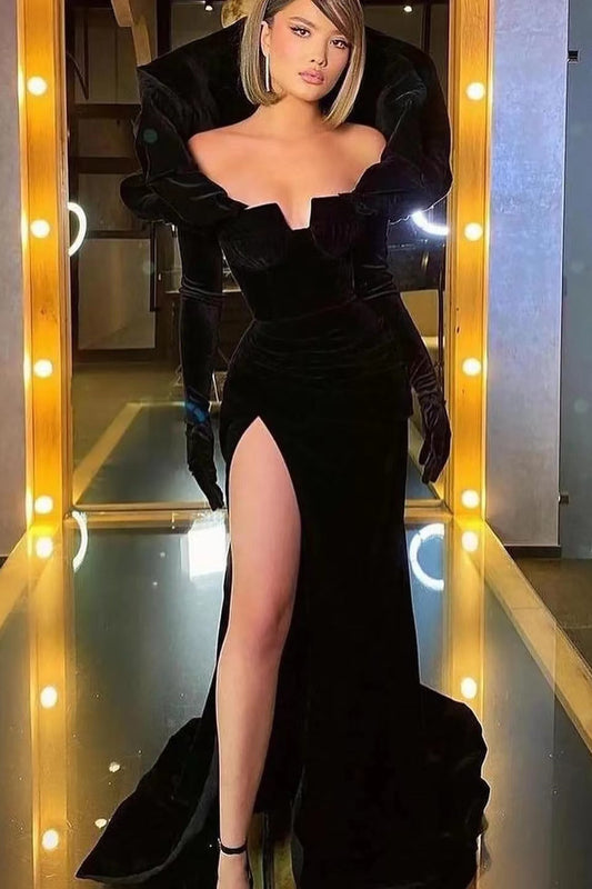 Chic Black Velvet Off the Shoulder Long Mermaid Split Prom Dress With Gloves