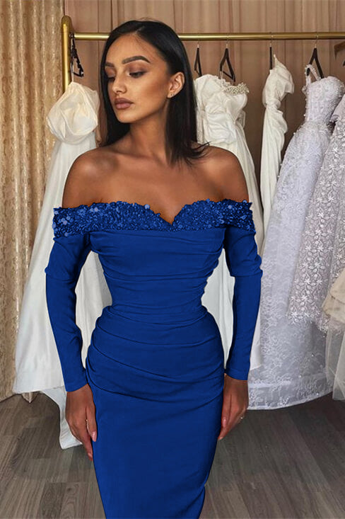 Chic Orange Off-The-Shoulder Long Sleeves Strapless Mermaid Prom Dress With Sequins