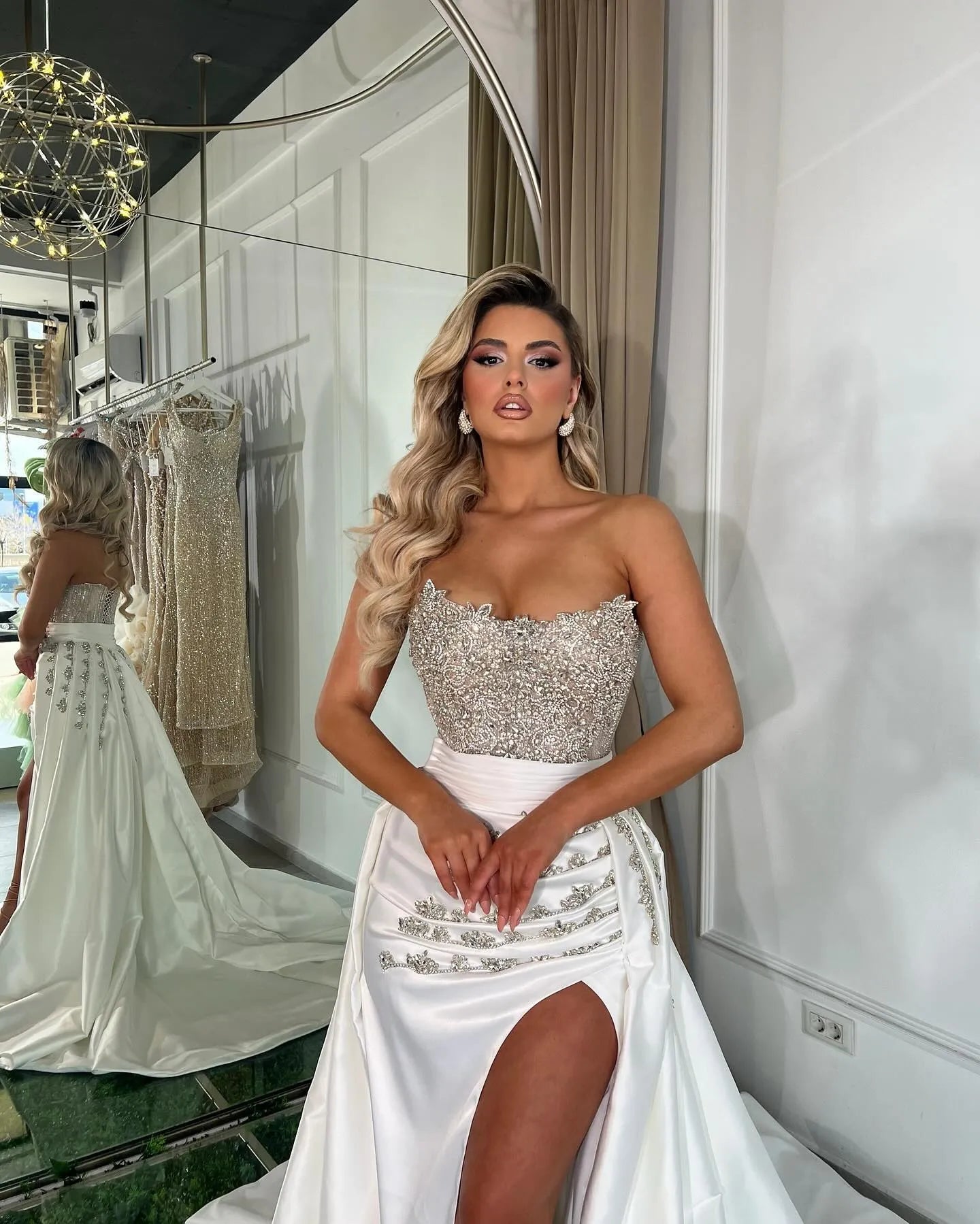 Crystal Elegant Beaded strapless Formal Sleeveless Strapless White Prom Dress