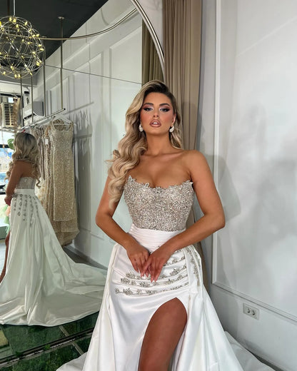 Crystal Elegant Beaded strapless Formal Sleeveless Strapless White Prom Dress