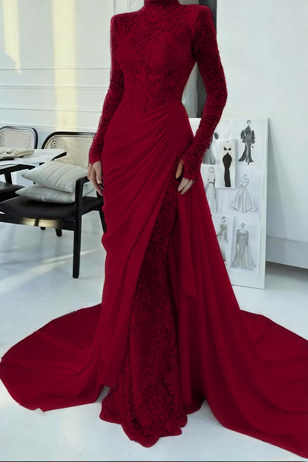 Glamorous Lace Burgundy High Neck Long Sleeves Evening Dress With Appliques