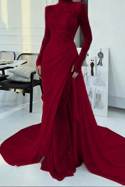 Glamorous Lace Burgundy High Neck Long Sleeves Evening Dress With Appliques