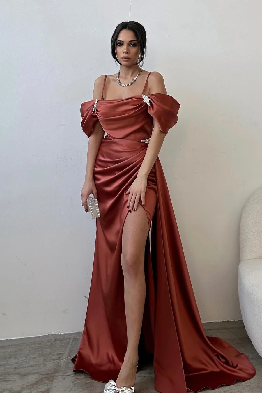 Exquisite Satin Spaghtti Strap Off the Shoulder Long Split Prom Dress with Beadings