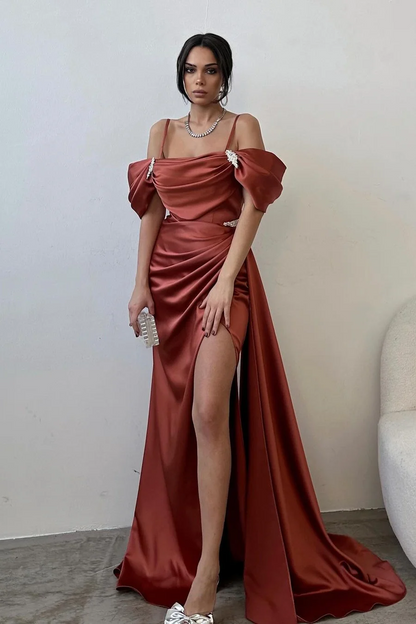 Exquisite Satin Spaghtti Strap Off the Shoulder Long Split Prom Dress with Beadings