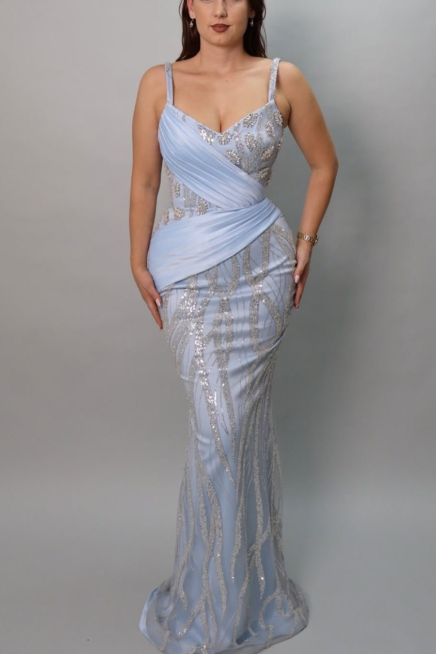 Sleeveless Spaghetti Straps V-Neck Mermaid Beads Prom Dress