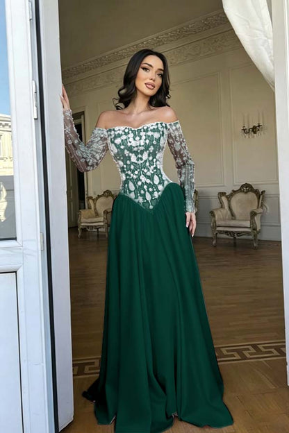 Stunning Red Bateau Neck Long Sleeves Beaded Evening Dress With Pleated
