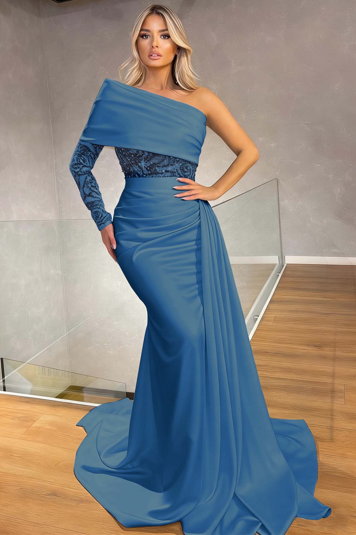 Sexy One Shoulder Long Sleeve Mermaid Evening Dress With Ruffles Sequins