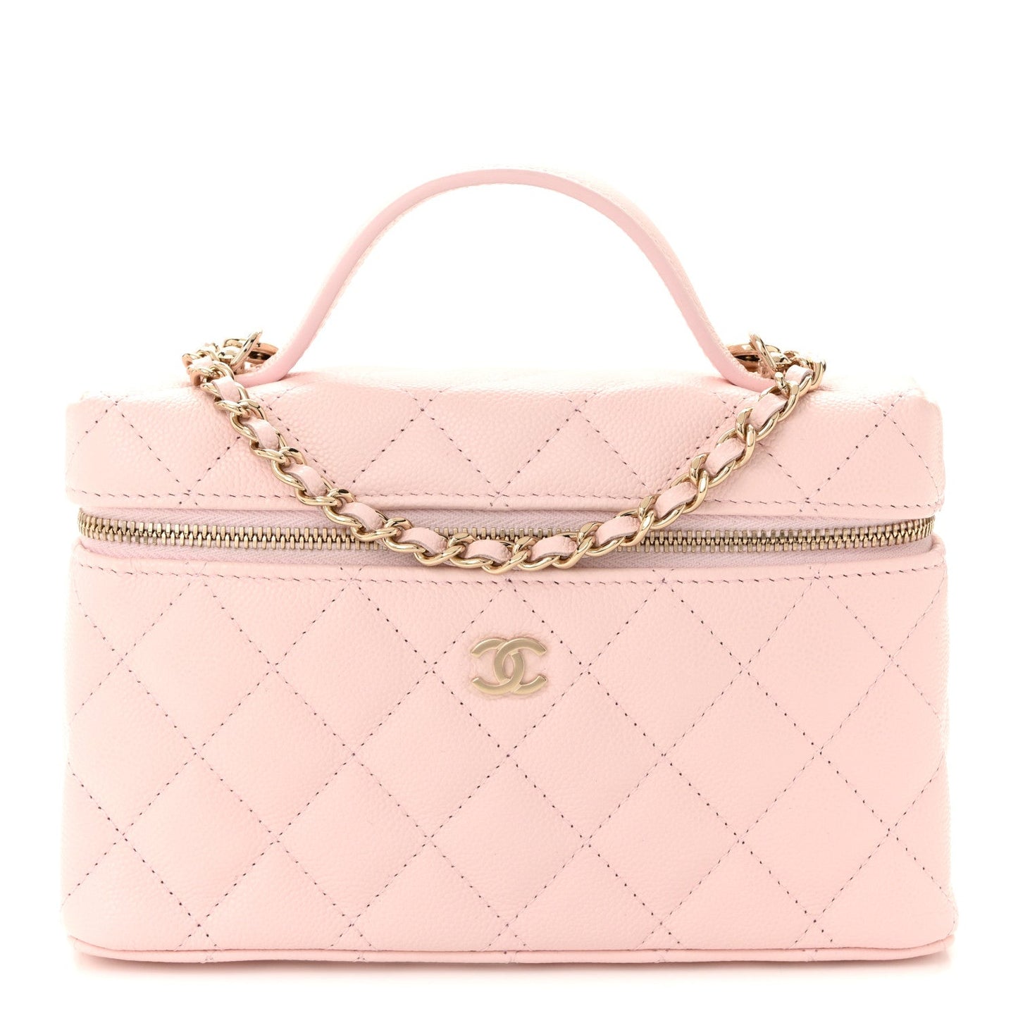 Caviar Quilted Top Handle Slim Vanity With Chain Light Pink