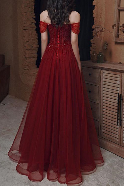 Wine Red Off-The-Shoulder Evening Dress With Sequins Beads