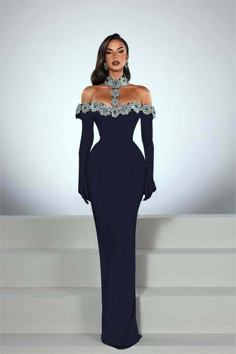 Charming Black Satin Long Sleeves Off the Shoulder Prom Dress with Beadings