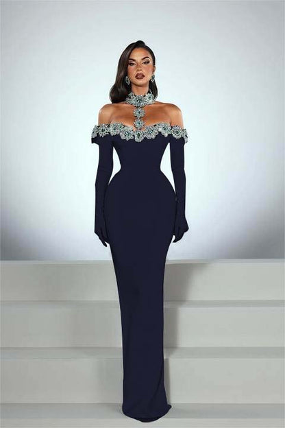 Charming Black Satin Long Sleeves Off the Shoulder Prom Dress with Beadings