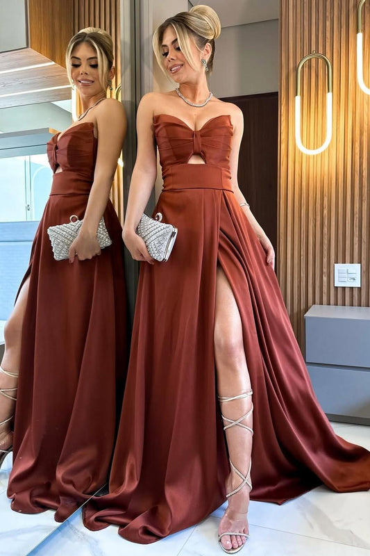 Elegant Satin Sweetheart Sleeveless Strapless Long Pleated Prom Dress with Split