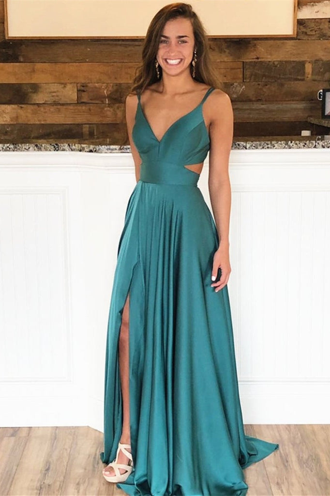 Slit Spaghetti-Straps Long Evening Dress