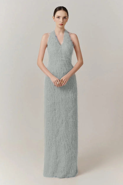 Sleeveless Halter Straps V-Neck Feathered Mermaid Evening Dress with Pearl Details