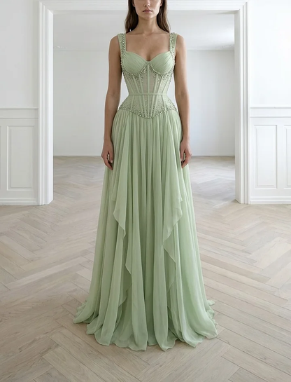 Graceful Sleeveless Wide Straps Beaded Ruffles Long Evening Dress