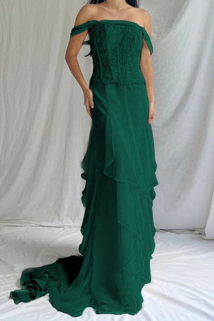 Elegant Ivory Off-Shoulders Evening Dress Sleeveless Ruffles with Applique