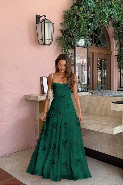 Spaghetti Strap Sleeveless Long Evening Dress With Pleated Appliques