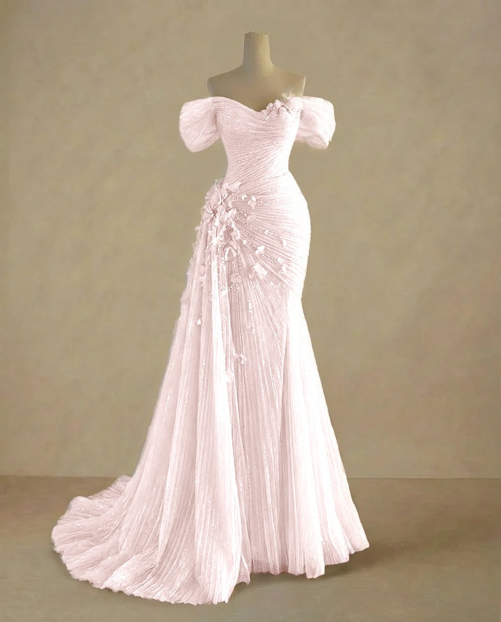 Dreamy Sky Blue Off-The-Shoulder Pleated Sequins Evening Dress With Side Train