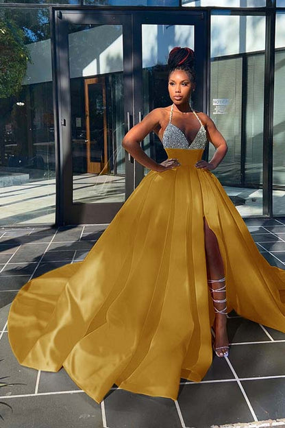 Glamorous Yellow Sequins V-Neck A-Line Prom Dress  Sleeveless With Split