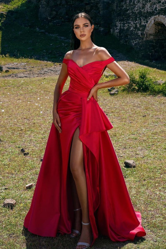 Off-The-Shoulder Mermaid Prom Dress Red With Slit