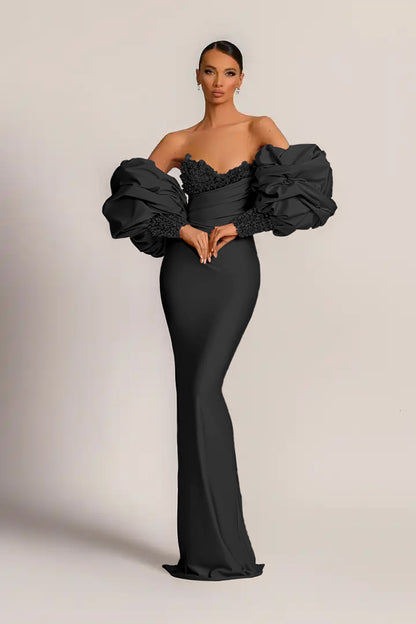 Purple Mermaid Prom Dress With Appliques Puff Sleeves